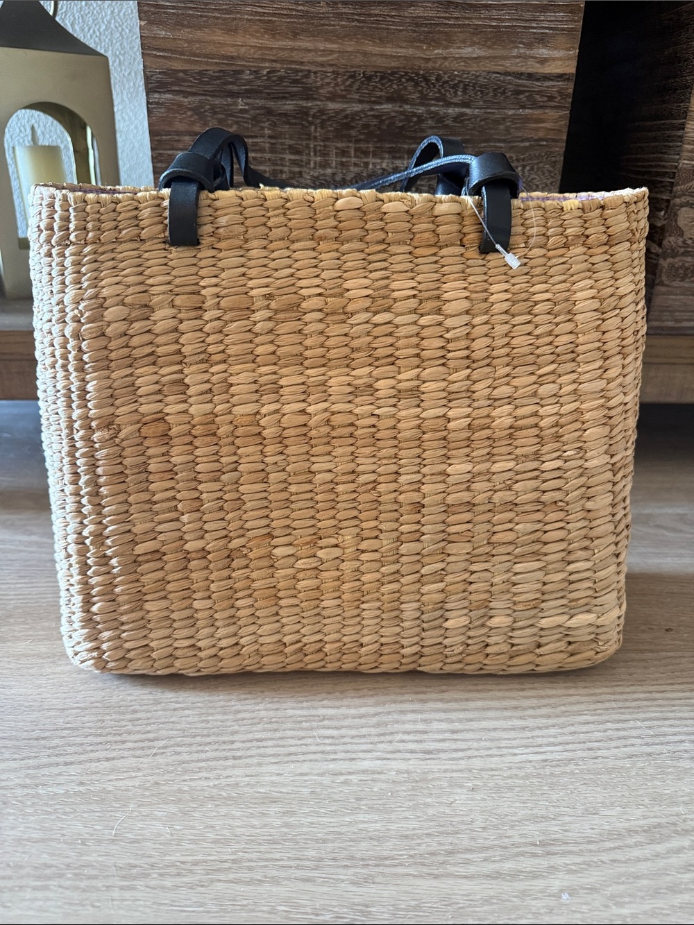 kate spade Natural Straw Tote with Purple Floral Embroidery and Black Handles - Picture 3 of 7
